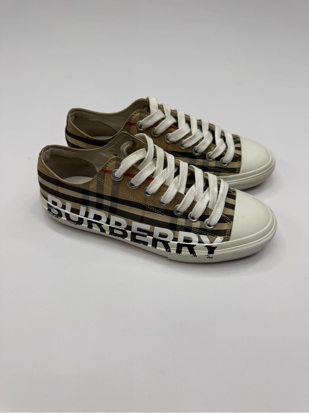 Burberry Beige Check Low-Top Sneakers with White Soles